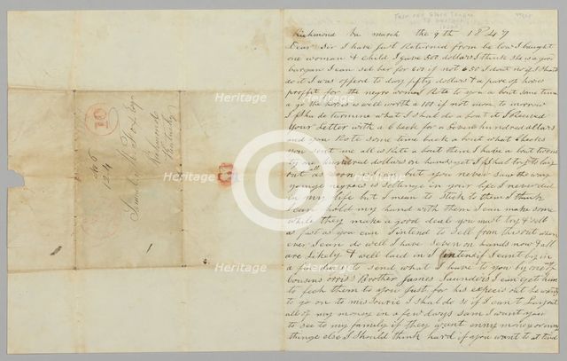 Letter to Samuel Fox from Giles Saunders regarding the slave trade, March 9, 1847. Creator: Giles Saunders.