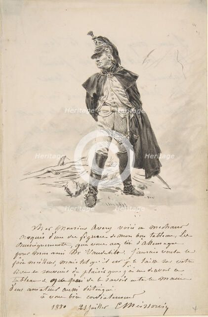 Letter to Samuel P. Avery with a drawing of a military figure, 1880. Creator: Jean Louis Ernest Meissonier.