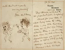 Letter with Drawing of Whistler Menacing Du Maurier, 1894. Creator: George du Maurier