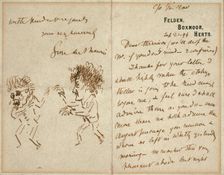 Letter with Drawing of Whistler Menacing Du Maurier, 1894. Creator: George du Maurier