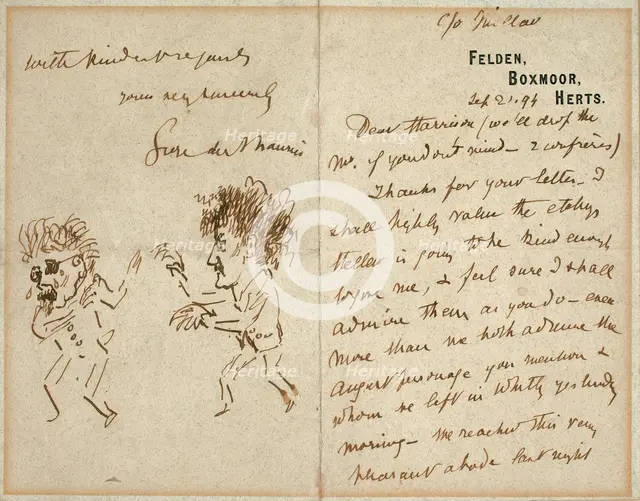 Letter with Drawing of Whistler Menacing Du Maurier, 1894. Creator: George du Maurier.