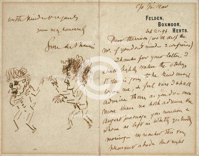 Letter with Drawing of Whistler Menacing Du Maurier, 1894. Creator: George du Maurier.