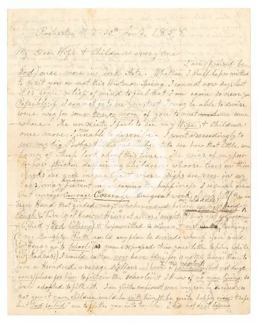 Letter written by John Brown and Frederick Douglass to Brown's wife and children, January 30, 1858. Creators: Frederick Douglass, John Brown.