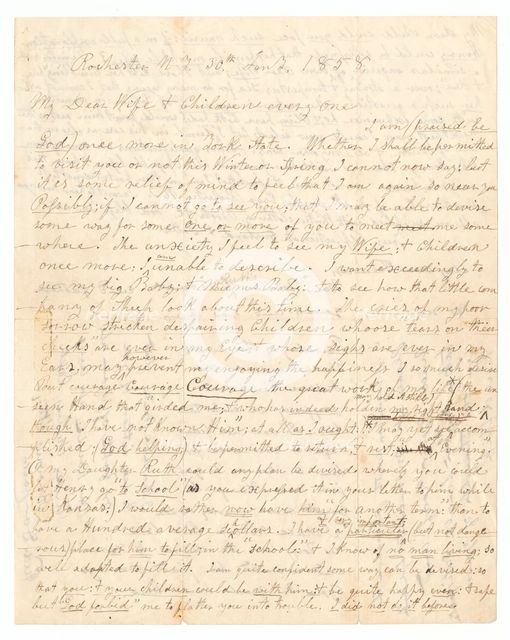 Letter written by John Brown and Frederick Douglass to Brown's wife and children, January 30, 1858. Creators: Frederick Douglass, John Brown.