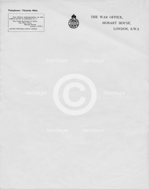 'Letterheaded paper from The War Office, Hobart House, London, S.W.1', 20th century. Artist: Unknown.