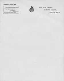 Letterheaded paper from The War Office, Hobart House, London, S.W.1 20th century