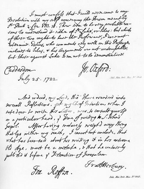 Letters from Potter, Bishop of Oxford, to Atterbury and Atterbury to Trelawney, 1722, (1840).Artist: Francis Atterbury