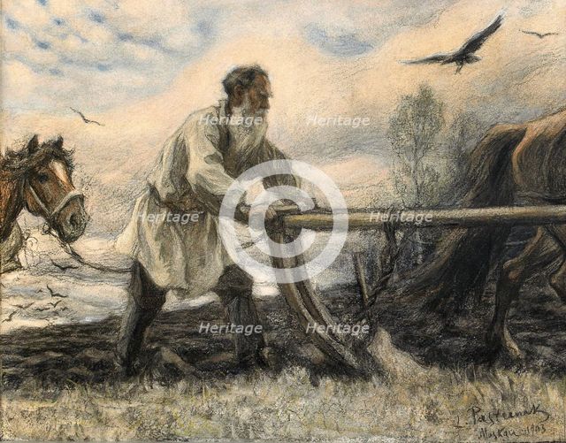 Lev Tolstoy at the Plough, 1903. Artist: Pasternak, Leonid Osipovich (1862-1945)