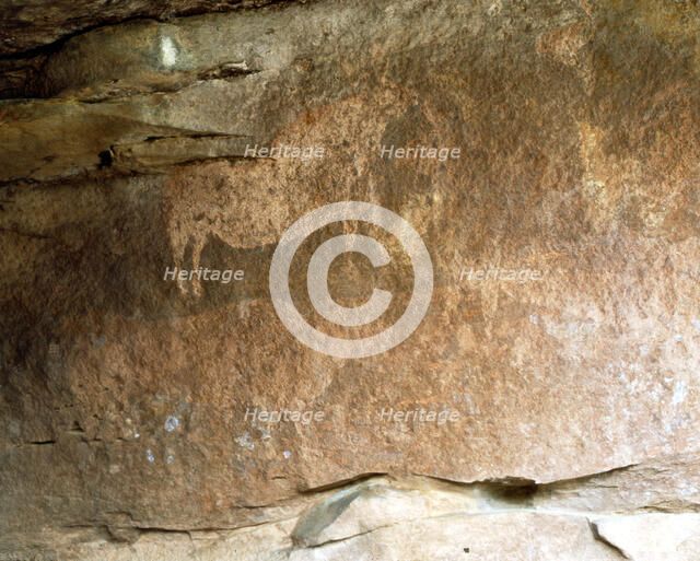 Levantine cave paintings from group Albarracín (Teruel) in the Abrigo Callejon of the Plou, cave …