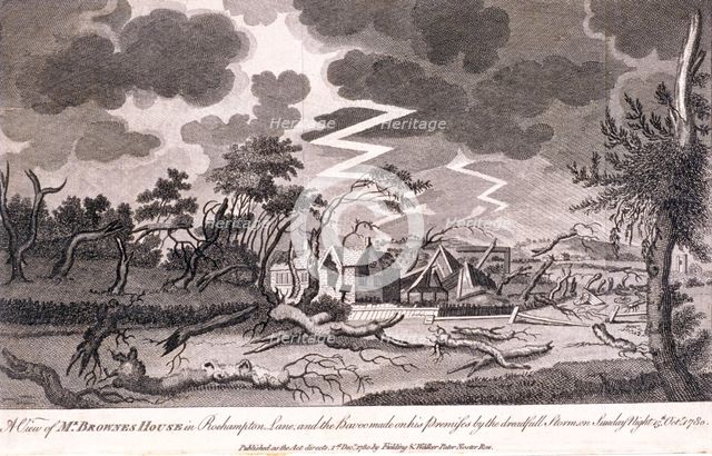 Lewis Brown's house during the storm on the night of 15th October, Roehampton, 1780. Artist: Anon