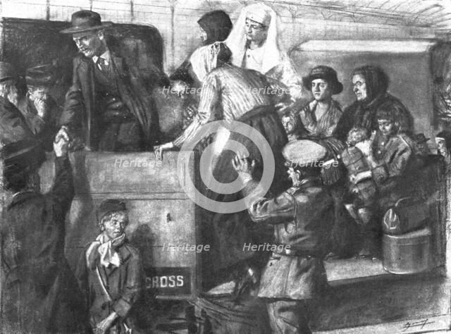 'L'exode devant l'ennemi; L'embarquement dans la zone de bataille pour les gares de depart', 1918. Creator: Unknown.