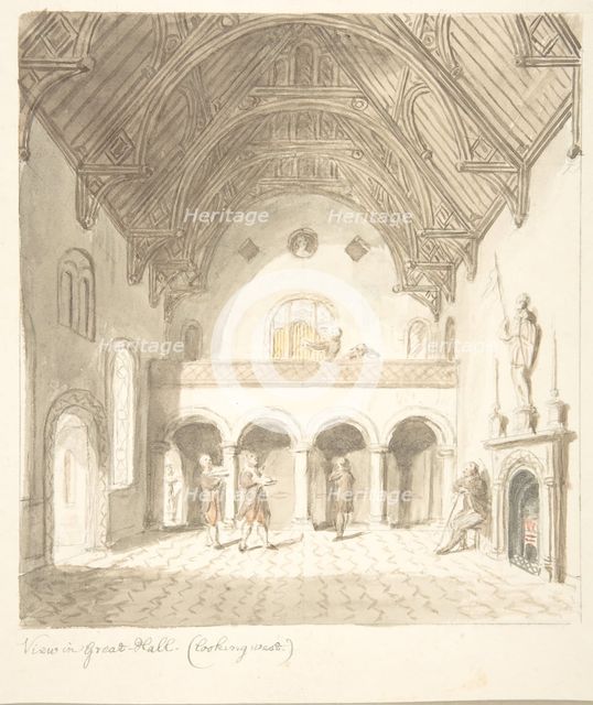 Lea Castle, Worcestershire, View in the Great Hall, Looking West, ca. 1816. Creator: Attributed to John Carter.