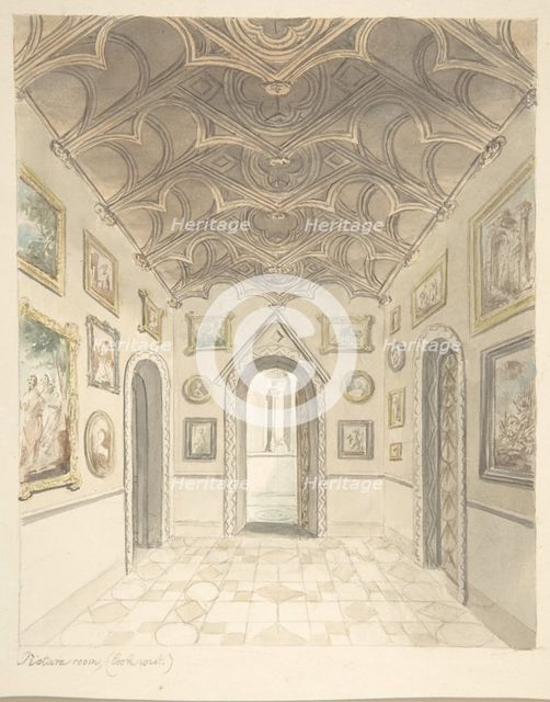 Lea Castle, Worcestershire, Picture Room, Looking West, ca. 1816. Creator: Attributed to John Carter.
