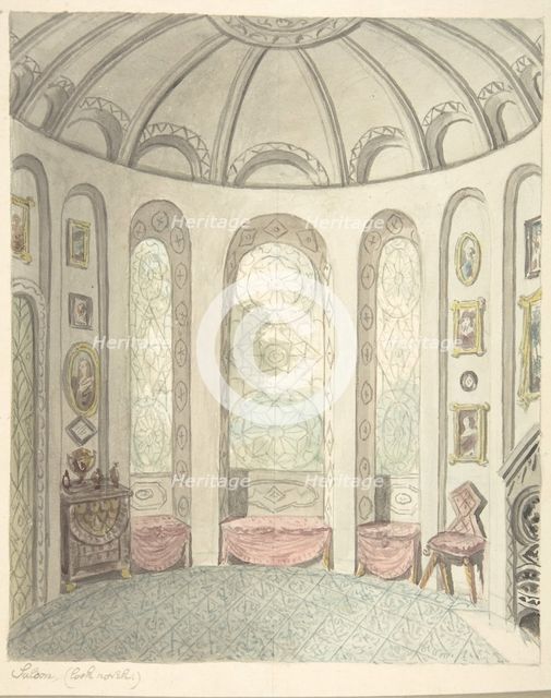 Lea Castle, Worcestershire, Saloon, Looking North, ca. 1816. Creator: Attributed to John Carter.