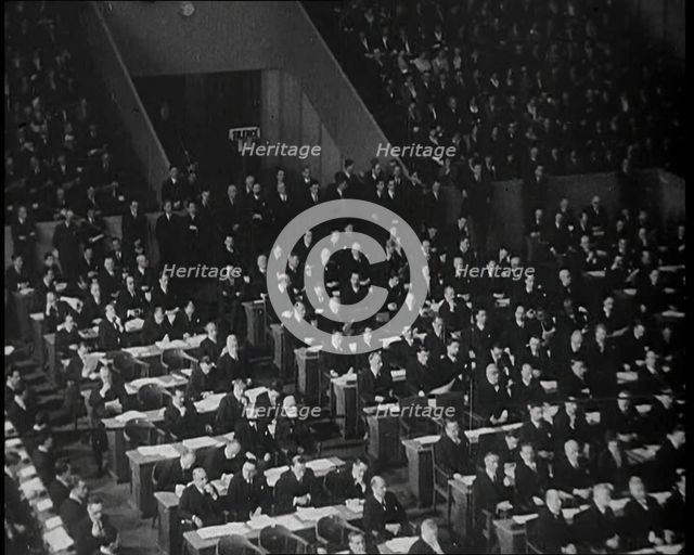 League of Nations Delegate Listening to a Speech, 1930s. Creator: British Pathe Ltd.