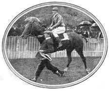 Leading in the winner of the Grand Prix, Baron M. de Rothschild's Verdun (M. Barat up), 1909. Creator: Topical Press Agency