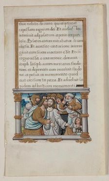Leaf with Framed Text with Framed Miniature of the Betrayal, early 16th century. Creator: School of Jean Colombe