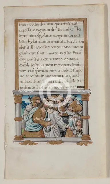 Leaf with Framed Text with Framed Miniature of the Betrayal, early 16th century. Creator: School of Jean Colombe.