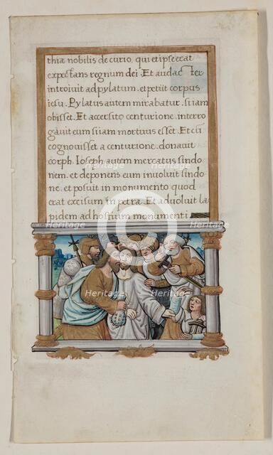 Leaf with Framed Text with Framed Miniature of the Betrayal, early 16th century. Creator: School of Jean Colombe.
