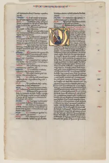 Leaf with Initial from a Latin Bible: Initial M: St. Paul with a Sword and a Book, c. 1220. Creator: Vienna Moralized Bible Workshop (French)