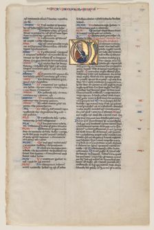 Leaf with Initial from a Latin Bible: Initial M: St. Paul with a Sword and a Book, c. 1220. Creator: Vienna Moralized Bible Workshop (French)