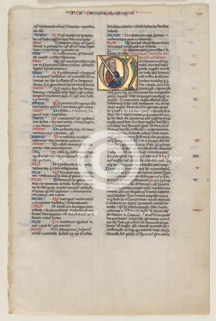 Leaf with Initial from a Latin Bible: Initial M: St. Paul with a Sword and a Book, c. 1220. Creator: Vienna Moralized Bible Workshop (French).