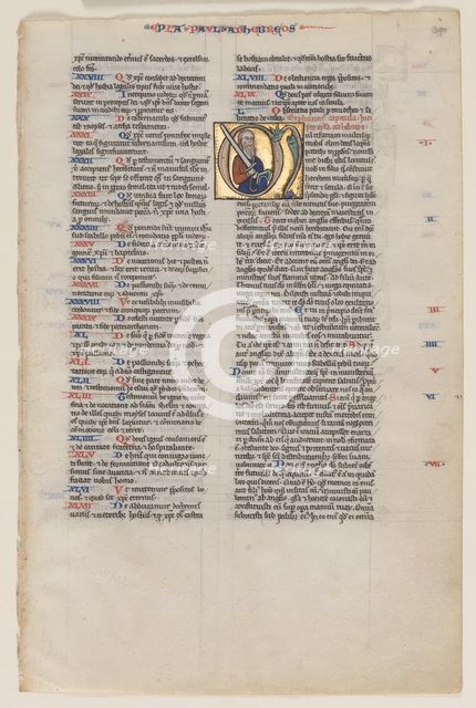Leaf with Initial from a Latin Bible: Initial M: St. Paul with a Sword and a Book, c. 1220. Creator: Vienna Moralized Bible Workshop (French).