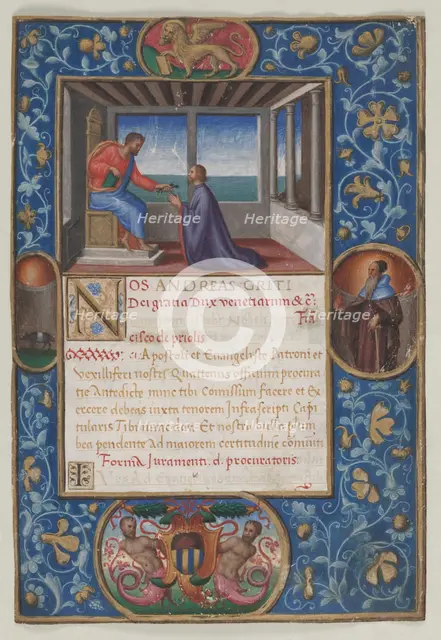 Leaf from a Commission: St. Mark Giving the Keys of Venice to Francesco de Priuli, c. 1523-1524. Creator: Benedetto Bordone (Italian).