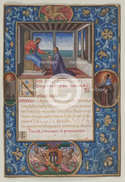 Leaf from a Commission: St. Mark Giving the Keys of Venice to Francesco de Priuli, c. 1523-1524. Creator: Benedetto Bordone (Italian).
