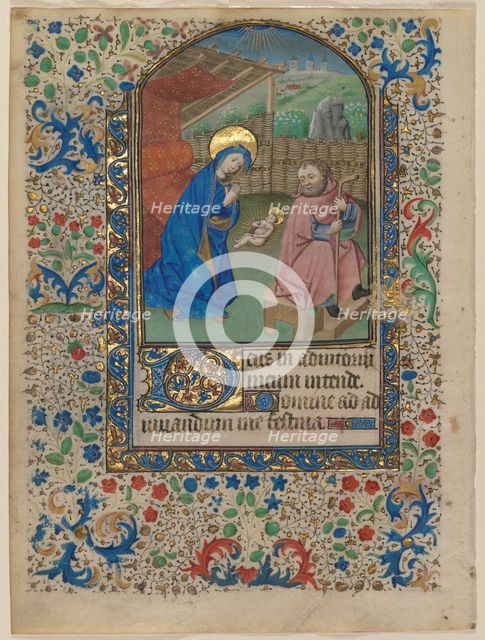 Leaf from a Book of Hours: The Nativity (recto) and Text (verso), c. 1430. Creator: Unknown.