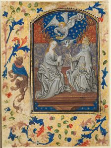 Leaf from a Book of Hours: Virgin and Child Enthroned, c. 1470-1480. Creator: Guillaume Vrelant (Flemish, c. 1454-1481), circle of