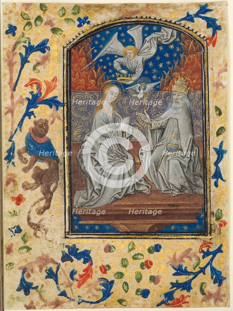 Leaf from a Book of Hours: Virgin and Child Enthroned, c. 1470-1480. Creator: Guillaume Vrelant (Flemish, c. 1454-1481), circle of.