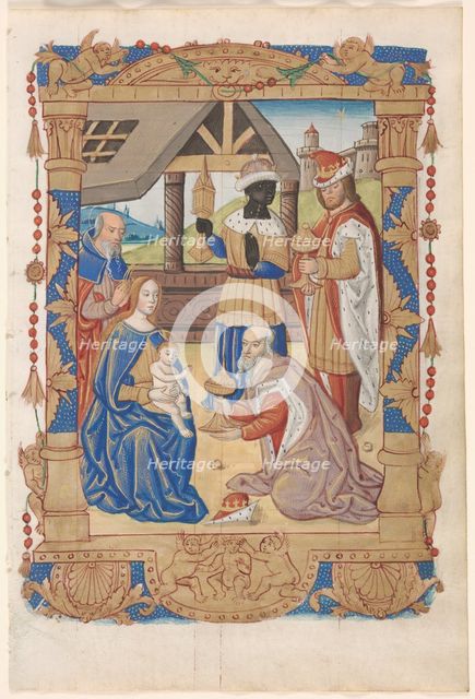 Leaf from a Book of Hours: Adoration of the Magi (recto) and Text with Illustrated Border (verso)... Creator: Unknown.