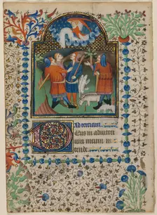 Leaf from a Book of Hours: Annunciation to the Shepherds (recto) and Text (verso), c. 1410-20. Creator: Boethius Illuminator (Flemish, active c. 1414-20)