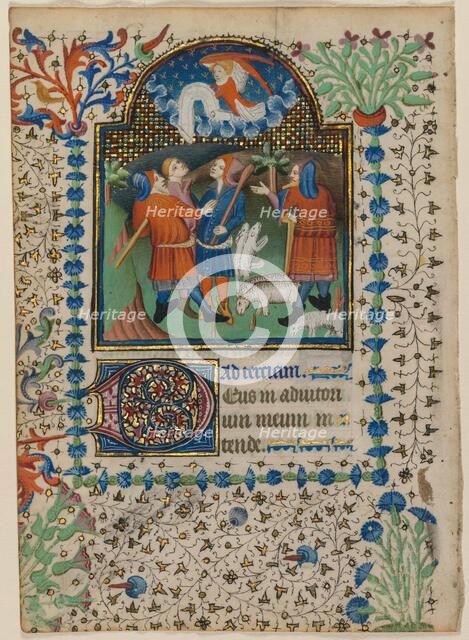 Leaf from a Book of Hours: Annunciation to the Shepherds (recto) and Text (verso), c. 1410-20. Creator: Boethius Illuminator (Flemish, active c. 1414-20).