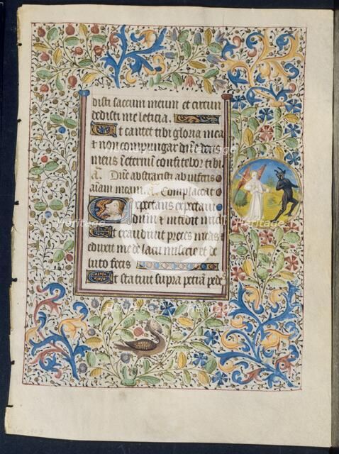 Leaf from a Book of Hours: Angel Chasing a Devil (recto) and Two Devils (verso), c. 1460. Creator: Coëtivy Master (French), circle of.
