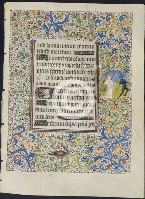 Leaf from a Book of Hours: Angel Chasing a Devil (recto) , c. 1460. Creator: Coëtivy Master (French), circle of.