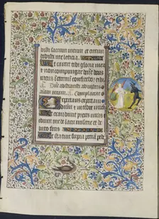 Leaf from a Book of Hours: Angel Chasing a Devil (recto) , c. 1460. Creator: Coëtivy Master (French), circle of