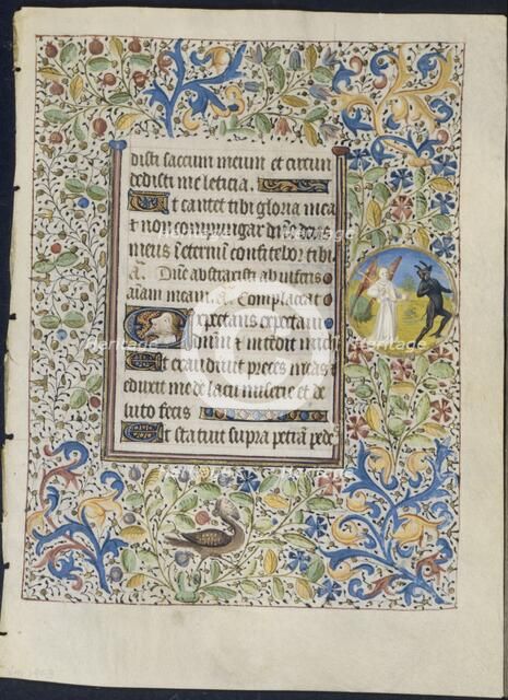 Leaf from a Book of Hours: Angel Chasing a Devil (recto) , c. 1460. Creator: Coëtivy Master (French), circle of.
