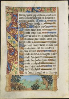 Leaf from a Book of Hours: Ape Hunting Wild Boars, c. 1500-1510. Creator: Unknown