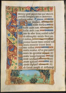 Leaf from a Book of Hours: Ape Hunting Wild Boars (recto) and Ape Fishing (verso) , c. 1500-1510. Creator: Unknown