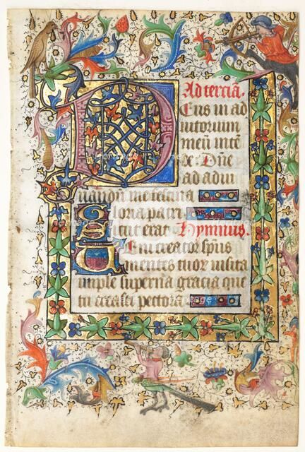 Leaf from a Book of Hours: Decorated Initial D[eus] with Foliated Border..., 1430s. Creator: Master of Guillebert de Mets (Flemish); Workshop, and.