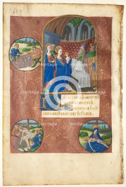 Leaf from a Book of Hours: Presentation in the Temple with Roundels of the Casting of Lots..., c1460 Creator: Master of Adélaïde de Savoie (French), follower of.