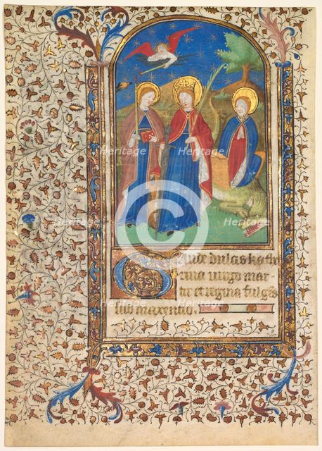 Leaf from a Book of Hours: Sts. Geneviève, Catherine of Alexandria, and Margaret (recto)..., c. 1415 Creator: Boucicaut Master (French, Paris, active about 1410-25), workshop of.