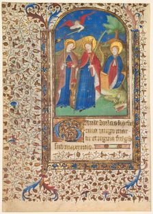 Leaf from a Book of Hours: Sts. Geneviève, Catherine of Alexandria, and Margaret (recto), c. 1415. Creator: Boucicaut Master (French, Paris, active about 1410-25), workshop of