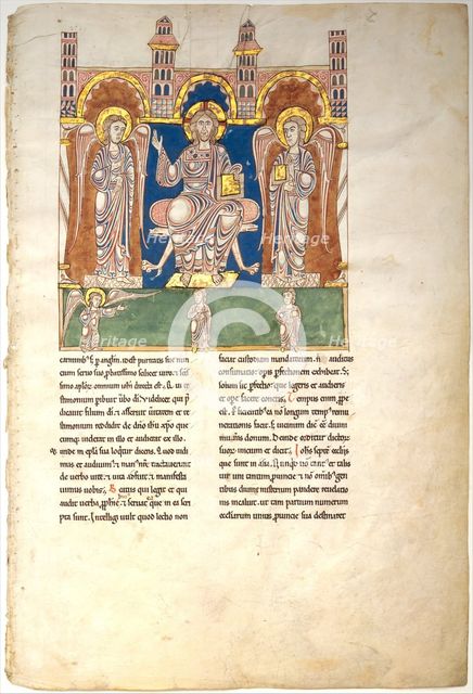 Leaf from a Beatus Manuscript: Christ in Majesty with Angels and the Angel of God..., ca. 1180. Creator: Unknown.