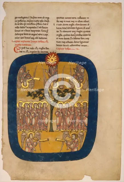 Leaf from a Beatus Manuscript: Angels Restrain the Four Winds..., ca. 1180. Creator: Unknown.