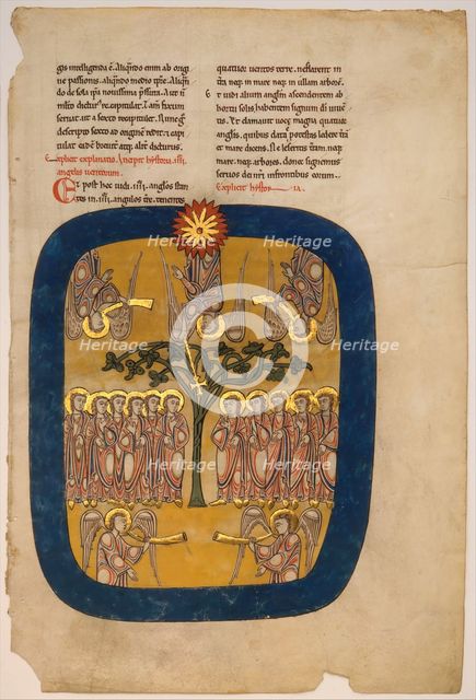 Leaf from a Beatus Manuscript: Angels Restrain the Four Winds..., ca. 1180. Creator: Unknown.