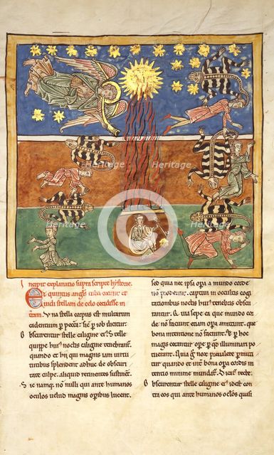 Leaf from a Beatus Manuscript: at the Clarion of the Fifth Angel's Trumpet..., ca. 1180. Creator: Unknown.