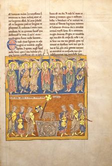 Leaf from a Beatus Manuscript: Seven Angels Hold the Cups of the Seven Last Plagues.., ca. 1180. Creator: Unknown